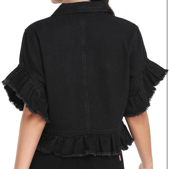 Women's Denim Jacket Ruffle Sleeve Button Down Distressed Cropped Jean Jackets - Picture 3 of 4